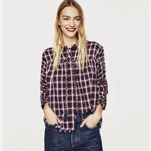 Zara Checked Floral Embroidered Bead Embellished Blouse Size XS Boho Peasant